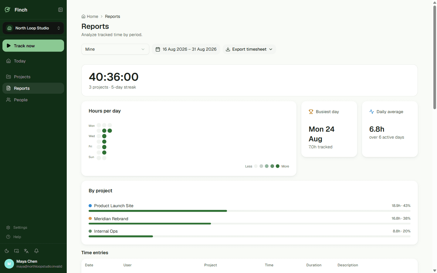 A week, broken down by project, at a glance.