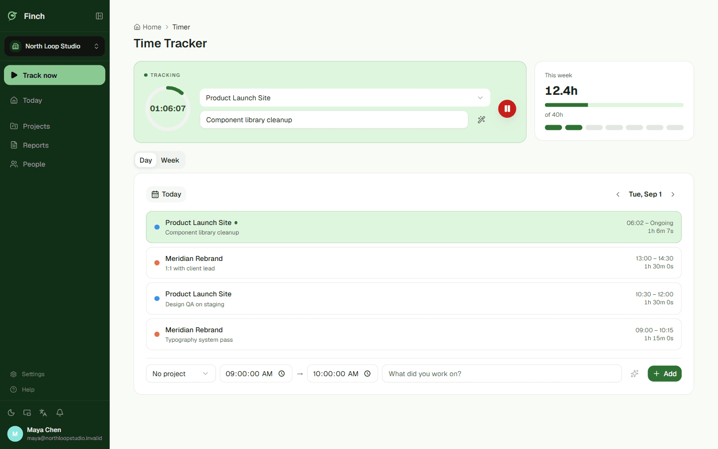 Start a timer, and watch the day fill in as you go.